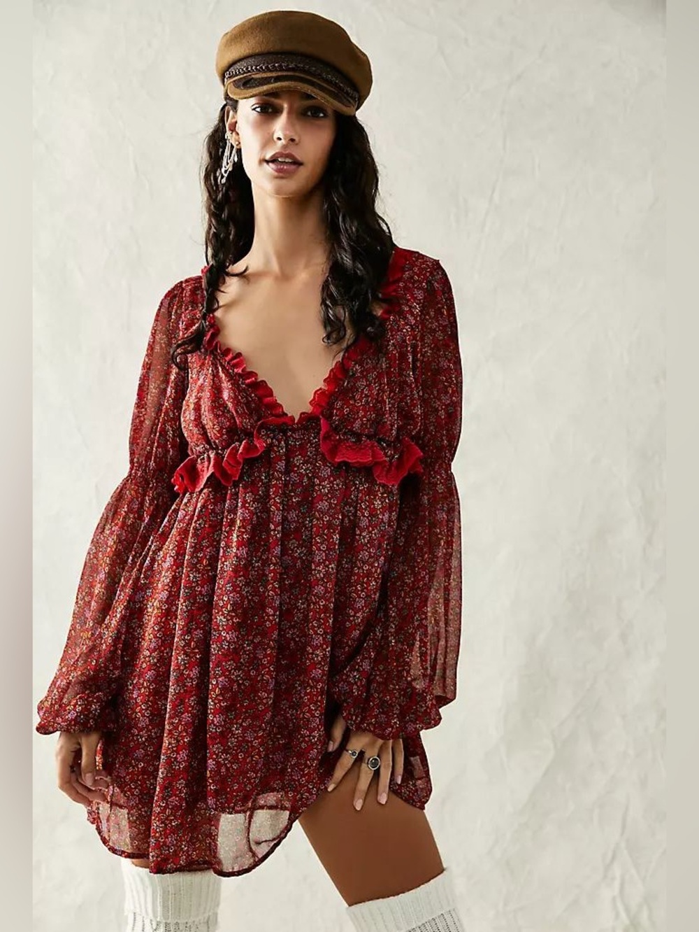 Free People Red Floral Babydoll Ruffle Mini Dress